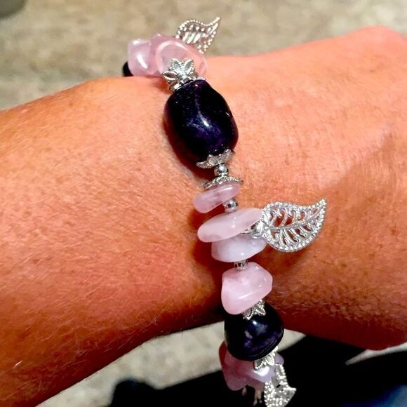 Purple Amethyst and Pink Quartz Silver Filagree Leaves Bangle Bracelet NEW - Picture 2 of 5